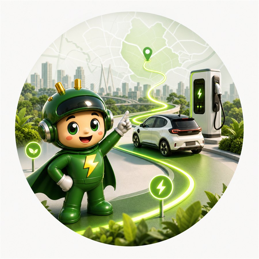 Mascote Pluga Já guiando a jornada da mobilidade elétrica até um carregador rápido